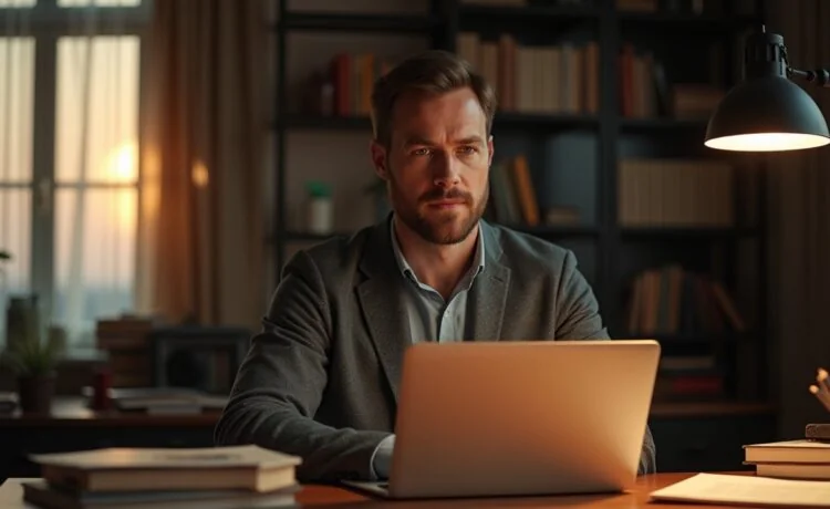 Ein warm beleuchtetes Porträt eines nachdenklichen Menschen in modernem Home-Office, umgeben von Büchern und leicht erscheinender Technik, das mit natürlichem Tageslicht die feine Balance zwischen menschlicher Persönlichkeit und der Illusion künstlicher Intelligenz einfühlsam einfängt.