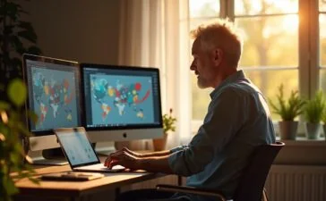 Ein heller, einladender Arbeitsbereich mit einer entspannten Person mittleren Alters, die konzentriert vor einem Laptop sitzt und auf dem Bildschirm komplexe, visuelle Diagramme betrachtet – das warme Tageslicht fällt sanft durch ein großes Fenster und vermittelt den offenen, kreativen Geist einer modernen No-Code-KI-Plattform.