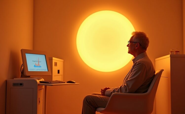In einem hell erleuchteten Healthspan-Studio sitzt eine sympathische Person entspannt unter sanft warmem Infrarotlicht, umgeben von moderner Biofeedback-Technologie und digitalen Messgeräten, die mit natürlicher Tageslichtstimmung ein Gefühl von Hoffnung, Innovation und lebensverlängernder Selbstfürsorge vermitteln.