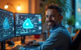Ein hell erleuchtetes, modern eingerichtetes Büro mit einem lächelnden IT-Experten mittleren Alters vor zwei großen Bildschirmen, die komplexe Datenströme und Cloud-Symbole zeigen, durchflutet von warmem Tageslicht, das eine Atmosphäre von Zuversicht, Fortschritt und technologischer Vernetzung vermittelt.