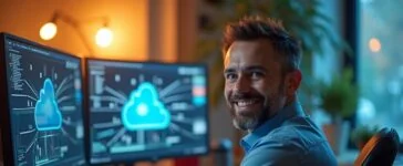 Ein hell erleuchtetes, modern eingerichtetes Büro mit einem lächelnden IT-Experten mittleren Alters vor zwei großen Bildschirmen, die komplexe Datenströme und Cloud-Symbole zeigen, durchflutet von warmem Tageslicht, das eine Atmosphäre von Zuversicht, Fortschritt und technologischer Vernetzung vermittelt.
