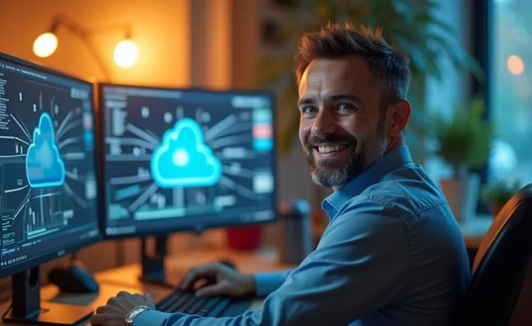 Ein hell erleuchtetes, modern eingerichtetes Büro mit einem lächelnden IT-Experten mittleren Alters vor zwei großen Bildschirmen, die komplexe Datenströme und Cloud-Symbole zeigen, durchflutet von warmem Tageslicht, das eine Atmosphäre von Zuversicht, Fortschritt und technologischer Vernetzung vermittelt.