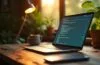 Ein hell erleuchteter Schreibtisch mit einem geöffneten Laptop, auf dessen Bildschirm ein Programm-Update läuft, umgeben von warmem Tageslicht und dezentem, lebendigem Grün, das eine vertrauensvolle und nachdenkliche Atmosphäre schafft.