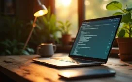 Ein hell erleuchteter Schreibtisch mit einem geöffneten Laptop, auf dessen Bildschirm ein Programm-Update läuft, umgeben von warmem Tageslicht und dezentem, lebendigem Grün, das eine vertrauensvolle und nachdenkliche Atmosphäre schafft.