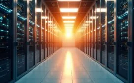 Ein modernes Rechenzentrum in strahlendem Tageslicht, dessen glänzende Serverräume von warmem Sonnenlicht durchflutet werden, während technisch versierte Fachleute mit konzentrierter Freundlichkeit beisammenstehen und die Zukunft der Branche in einem dynamischen, aber harmonischen Arbeitsumfeld gestalten.