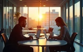 In einem hell erleuchteten, modernen Büro mit einer entspannten Atmosphäre arbeiten zwei Personen konzentriert an Laptops, umgeben von Notizen und digitalen Tools, die symbolisch das Zusammenspiel eines schnellen und reflektierten Denkprozesses in der KI-Kommunikation darstellen – die warme, natürliche Lichtstimmung unterstreicht Vertrauen und Innovation.