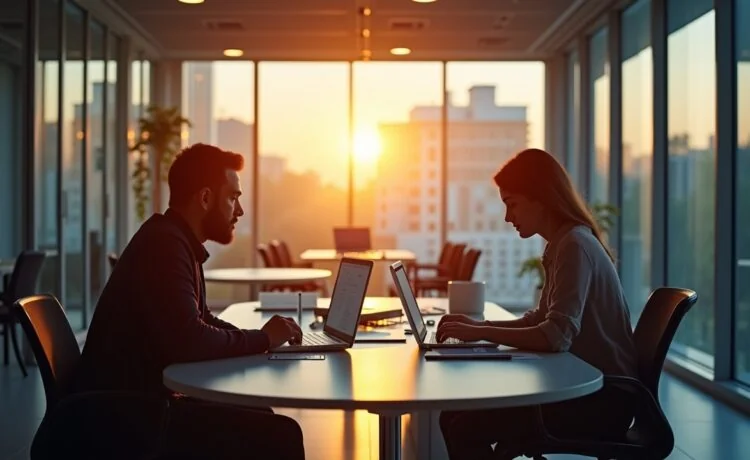 In einem hell erleuchteten, modernen Büro mit einer entspannten Atmosphäre arbeiten zwei Personen konzentriert an Laptops, umgeben von Notizen und digitalen Tools, die symbolisch das Zusammenspiel eines schnellen und reflektierten Denkprozesses in der KI-Kommunikation darstellen – die warme, natürliche Lichtstimmung unterstreicht Vertrauen und Innovation.