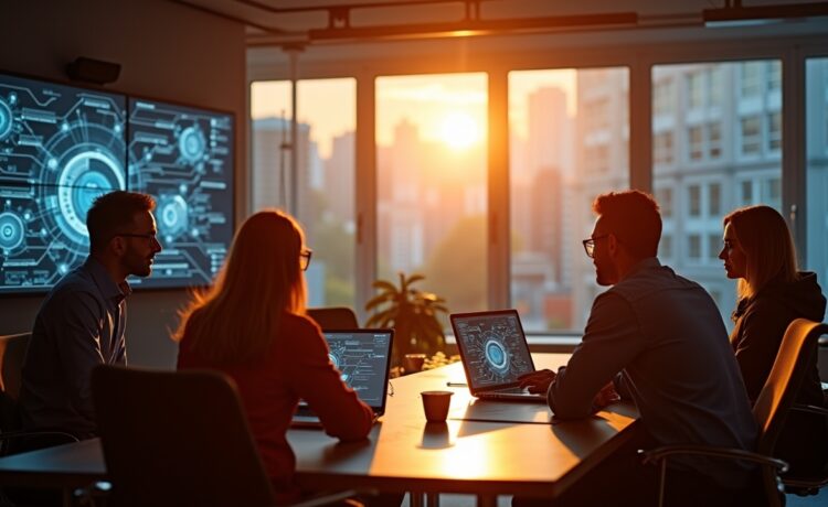 Ein sonnendurchflutetes, modernes Büro mit konzentrierten Menschen in angeregtem Gespräch vor großen Bildschirmen, die komplexe digitale Netzwerke und KI-Datenflüsse visualisieren, strahlen freundliche Wärme und dynamischen Fortschritt aus.