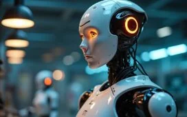 Ein warm beleuchteter, hochmoderner Roboter mit sanften, menschenähnlichen Zügen arbeitet konzentriert in einem hellen, freundlichen Laborumfeld, umgeben von natürlichen Lichtstrahlen und dezenten technischen Details, die den Durchbruch autonomer KI und die Zukunft lernender Maschinen symbolisieren.