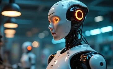 Ein warm beleuchteter, hochmoderner Roboter mit sanften, menschenähnlichen Zügen arbeitet konzentriert in einem hellen, freundlichen Laborumfeld, umgeben von natürlichen Lichtstrahlen und dezenten technischen Details, die den Durchbruch autonomer KI und die Zukunft lernender Maschinen symbolisieren.