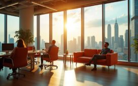 Ein strahlend heller, natürlicher Büroarbeitsplatz in Singapur, an dem ein vielfältiges Team engagiert und lächelnd an modernster KI-Technologie arbeitet, umgeben von großen Fenstern mit Blick auf die futuristische Skyline und warmem Tageslicht, das eine Atmosphäre von Zuversicht und Innovationskraft schafft.