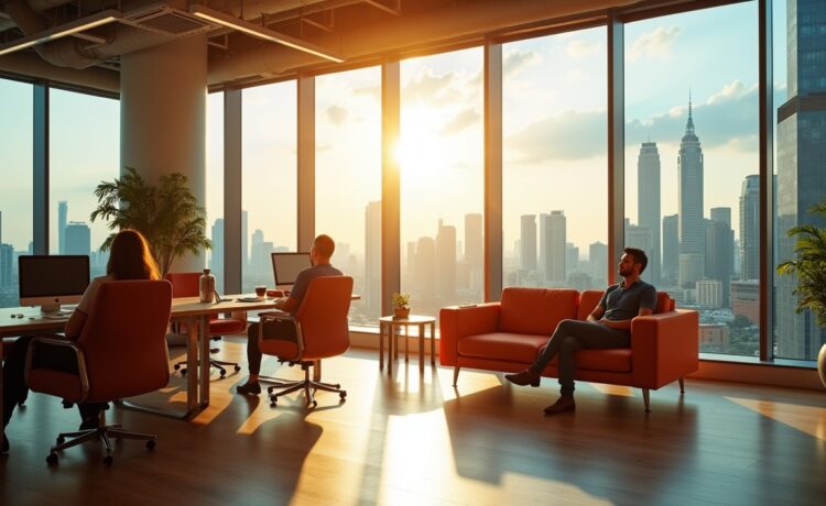 Ein strahlend heller, natürlicher Büroarbeitsplatz in Singapur, an dem ein vielfältiges Team engagiert und lächelnd an modernster KI-Technologie arbeitet, umgeben von großen Fenstern mit Blick auf die futuristische Skyline und warmem Tageslicht, das eine Atmosphäre von Zuversicht und Innovationskraft schafft.