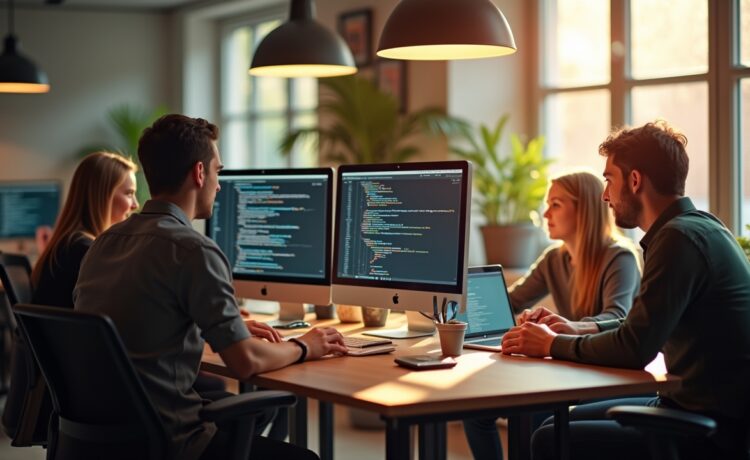 Ein modernes Entwicklerteam in einem hellen, freundlichen Büro, konzentriert und im regen Austausch vor mehreren Bildschirmen mit Code, während warmes Tageslicht durch große Fenster fällt und eine kreative, zukunftsorientierte Atmosphäre voller Innovation und Zusammenarbeit schafft.
