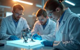 Ein hell ausgeleuchtetes Labor mit Forschenden in freundlicher Atmosphäre, die konzentriert an winzigen Mikrorobotern auf transparenten Silizium-Wafern arbeiten, umgeben von moderner Technik und warmem Tageslicht, das die innovative Zukunft der Nanorobotik lebendig und greifbar macht.