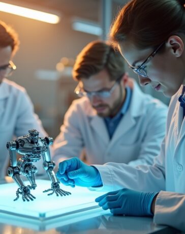 Ein hell ausgeleuchtetes Labor mit Forschenden in freundlicher Atmosphäre, die konzentriert an winzigen Mikrorobotern auf transparenten Silizium-Wafern arbeiten, umgeben von moderner Technik und warmem Tageslicht, das die innovative Zukunft der Nanorobotik lebendig und greifbar macht.