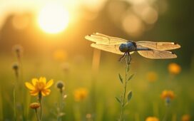 In warmem Tageslicht schwebt eine filigrane, fast libellenartige Mikrodrohne mit fein sichtbaren mechanischen Details über einer lebendig grünen Wiese, umgeben von sanft verschwommenen Blüten und einem hellen, freundlichen Himmel – ein Symbol für futuristische Technik trifft auf natürliche Leichtigkeit.