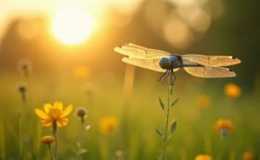 In warmem Tageslicht schwebt eine filigrane, fast libellenartige Mikrodrohne mit fein sichtbaren mechanischen Details über einer lebendig grünen Wiese, umgeben von sanft verschwommenen Blüten und einem hellen, freundlichen Himmel – ein Symbol für futuristische Technik trifft auf natürliche Leichtigkeit.