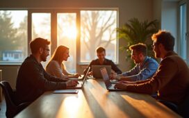 In einem hell erleuchteten, modernen Büro mit großen Fenstern sitzt eine vielfältige Gruppe von Fachleuten entspannt und konzentriert um einen Tisch, der mit Laptops und digitalen Gadgets voller Energie und Zuversicht die Zukunft der KI-Investitionen diskutiert, während die warme Sonnenstrahlen sanft durch das Raumambiente fließen und eine einladende Atmosphäre schaffen.