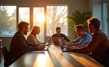 In einem hell erleuchteten, modernen Büro mit großen Fenstern sitzt eine vielfältige Gruppe von Fachleuten entspannt und konzentriert um einen Tisch, der mit Laptops und digitalen Gadgets voller Energie und Zuversicht die Zukunft der KI-Investitionen diskutiert, während die warme Sonnenstrahlen sanft durch das Raumambiente fließen und eine einladende Atmosphäre schaffen.