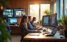 In einem modern gestalteten, lichtdurchfluteten Büro mit warmen Holzakzenten arbeitet ein engagiertes, vielfältiges Team von Entwickler:innen und Forschenden konzentriert an Computern, umgeben von Bildschirmen mit analysierten Videosequenzen und multimedialen Daten, während natürliche Sonnenstrahlen die Szene mit freundlicher Atmosphäre erfüllen und Offenheit sowie Fortschritt in der KI-Forschung lebendig vermitteln.