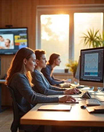 In einem modern gestalteten, lichtdurchfluteten Büro mit warmen Holzakzenten arbeitet ein engagiertes, vielfältiges Team von Entwickler:innen und Forschenden konzentriert an Computern, umgeben von Bildschirmen mit analysierten Videosequenzen und multimedialen Daten, während natürliche Sonnenstrahlen die Szene mit freundlicher Atmosphäre erfüllen und Offenheit sowie Fortschritt in der KI-Forschung lebendig vermitteln.