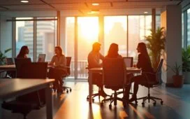 Ein hell erleuchtetes, modernes Büro mit entspannten IT-Expert:innen in lebendiger Diskussion vor großen Fenstern, durch die warmes Tageslicht strömt und die innovative Atmosphäre von Multicloud-Netzwerkdiensten lebendig spürbar macht.