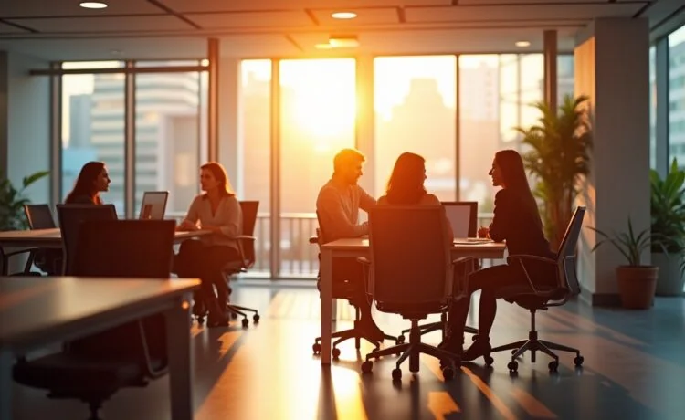 Ein hell erleuchtetes, modernes Büro mit entspannten IT-Expert:innen in lebendiger Diskussion vor großen Fenstern, durch die warmes Tageslicht strömt und die innovative Atmosphäre von Multicloud-Netzwerkdiensten lebendig spürbar macht.