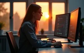 Eine helle, freundliche Büroszene mit einer konzentrierten Person, die auf mehreren, elegant angeordneten Bildschirmen parallel arbeitet, während warmes Tageslicht durch große Fenster fällt und eine einladende Atmosphäre voller Innovation und produktiver digitaler Interaktion schafft.