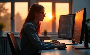 Eine helle, freundliche Büroszene mit einer konzentrierten Person, die auf mehreren, elegant angeordneten Bildschirmen parallel arbeitet, während warmes Tageslicht durch große Fenster fällt und eine einladende Atmosphäre voller Innovation und produktiver digitaler Interaktion schafft.