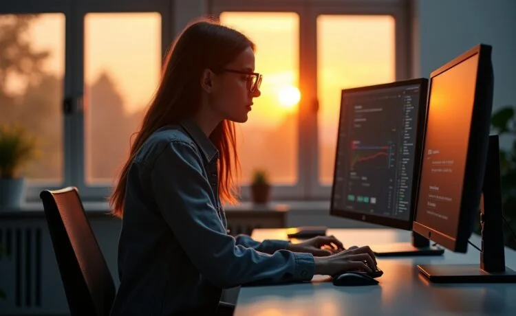 Eine helle, freundliche Büroszene mit einer konzentrierten Person, die auf mehreren, elegant angeordneten Bildschirmen parallel arbeitet, während warmes Tageslicht durch große Fenster fällt und eine einladende Atmosphäre voller Innovation und produktiver digitaler Interaktion schafft.