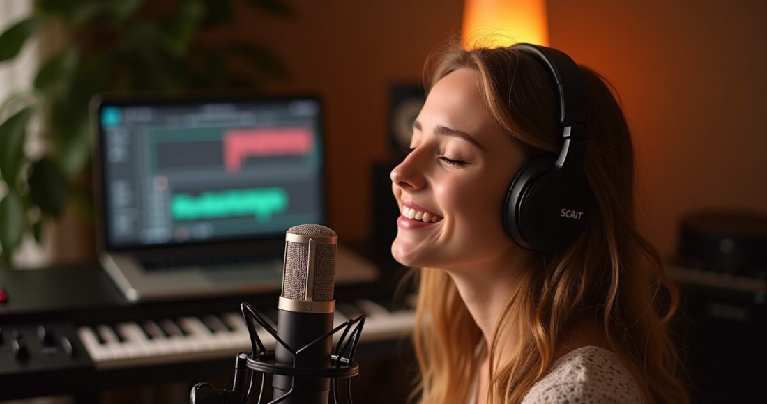 Ein natürlich hell ausgeleuchtetes, warmes Studiofoto einer jungen Musikerin, die mit geschlossenen Augen und sanftem Lächeln entspannt in ein hochwertiges Mikrofon singt, während im Hintergrund verschwommen moderne Musikgeräte und ein Laptop mit Digital Audio Workstation zu erkennen sind – die harmonische Verbindung von menschlicher Kreativität und moderner Technik spürbar in jedem Detail.