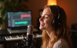 Ein natürlich hell ausgeleuchtetes, warmes Studiofoto einer jungen Musikerin, die mit geschlossenen Augen und sanftem Lächeln entspannt in ein hochwertiges Mikrofon singt, während im Hintergrund verschwommen moderne Musikgeräte und ein Laptop mit Digital Audio Workstation zu erkennen sind – die harmonische Verbindung von menschlicher Kreativität und moderner Technik spürbar in jedem Detail.