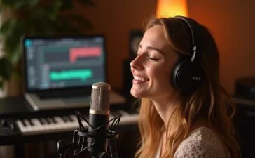 Ein natürlich hell ausgeleuchtetes, warmes Studiofoto einer jungen Musikerin, die mit geschlossenen Augen und sanftem Lächeln entspannt in ein hochwertiges Mikrofon singt, während im Hintergrund verschwommen moderne Musikgeräte und ein Laptop mit Digital Audio Workstation zu erkennen sind – die harmonische Verbindung von menschlicher Kreativität und moderner Technik spürbar in jedem Detail.
