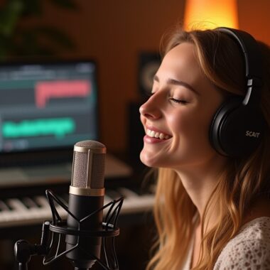 Ein natürlich hell ausgeleuchtetes, warmes Studiofoto einer jungen Musikerin, die mit geschlossenen Augen und sanftem Lächeln entspannt in ein hochwertiges Mikrofon singt, während im Hintergrund verschwommen moderne Musikgeräte und ein Laptop mit Digital Audio Workstation zu erkennen sind – die harmonische Verbindung von menschlicher Kreativität und moderner Technik spürbar in jedem Detail.
