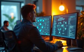 Ein hell erleuchtetes, modernes Büro mit freundlicher Atmosphäre, in dem ein konzentrierter IT-Administrator vor mehreren Bildschirmen sitzt, auf denen komplexe Netzwerkdiagramme und Sicherheitsprotokolle sichtbar sind, während warmes Tageslicht durch große Fenster strömt und durch dezente Technikdetails die Dringlichkeit digitaler Sicherheit spürbar wird.