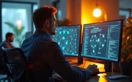 Ein hell erleuchtetes, modernes Büro mit freundlicher Atmosphäre, in dem ein konzentrierter IT-Administrator vor mehreren Bildschirmen sitzt, auf denen komplexe Netzwerkdiagramme und Sicherheitsprotokolle sichtbar sind, während warmes Tageslicht durch große Fenster strömt und durch dezente Technikdetails die Dringlichkeit digitaler Sicherheit spürbar wird.