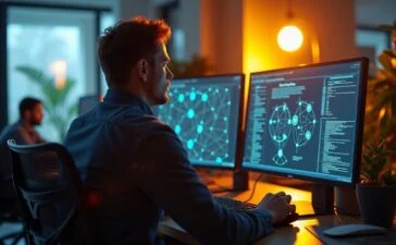 Ein hell erleuchtetes, modernes Büro mit freundlicher Atmosphäre, in dem ein konzentrierter IT-Administrator vor mehreren Bildschirmen sitzt, auf denen komplexe Netzwerkdiagramme und Sicherheitsprotokolle sichtbar sind, während warmes Tageslicht durch große Fenster strömt und durch dezente Technikdetails die Dringlichkeit digitaler Sicherheit spürbar wird.