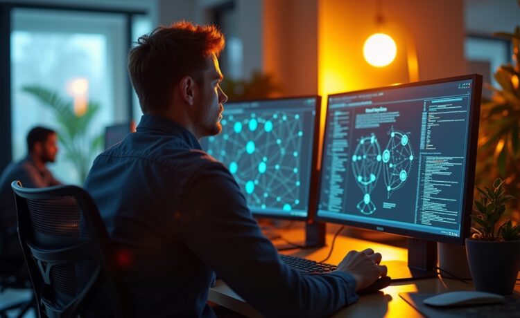 Ein hell erleuchtetes, modernes Büro mit freundlicher Atmosphäre, in dem ein konzentrierter IT-Administrator vor mehreren Bildschirmen sitzt, auf denen komplexe Netzwerkdiagramme und Sicherheitsprotokolle sichtbar sind, während warmes Tageslicht durch große Fenster strömt und durch dezente Technikdetails die Dringlichkeit digitaler Sicherheit spürbar wird.