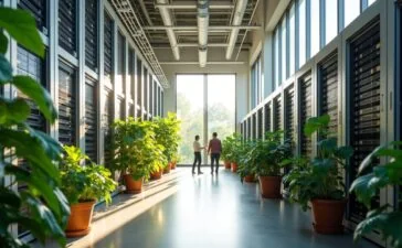 Ein hell erleuchtetes, modernes Rechenzentrum mit freundlicher Atmosphäre, in dem Sonnenlicht durch große Fenster strömt und grüne Pflanzen neben energieeffizienten Serverracks für nachhaltige Innovation und ökologische Verantwortung stehen.
