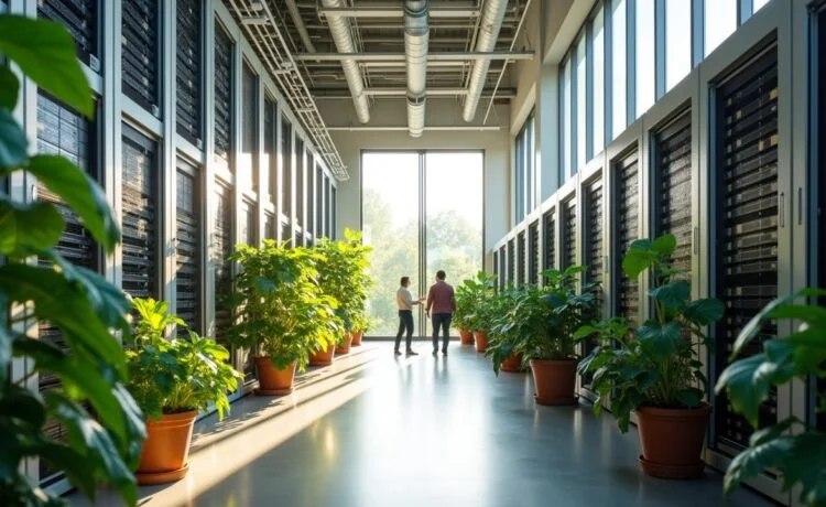 Ein hell erleuchtetes, modernes Rechenzentrum mit freundlicher Atmosphäre, in dem Sonnenlicht durch große Fenster strömt und grüne Pflanzen neben energieeffizienten Serverracks für nachhaltige Innovation und ökologische Verantwortung stehen.