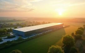 Ein strahlender Morgen über dem weitläufigen, modernen Rechenzentrumscampus in Escaudain, dessen gläserne Fassaden im warmen Sonnenlicht glänzen und sanfte grüne Flächen die High-Tech-Anlage harmonisch mit der Natur verbinden – ein kraftvolles Symbol für nachhaltige Digitalisierung und zukunftsweisende Innovation im Herzen Europas.