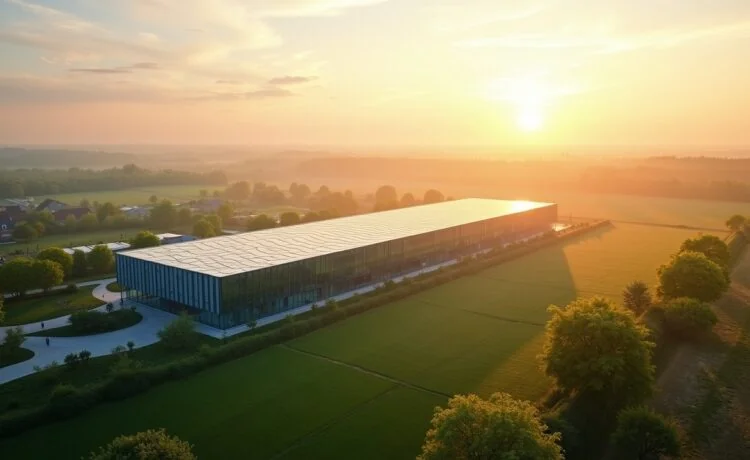 Ein strahlender Morgen über dem weitläufigen, modernen Rechenzentrumscampus in Escaudain, dessen gläserne Fassaden im warmen Sonnenlicht glänzen und sanfte grüne Flächen die High-Tech-Anlage harmonisch mit der Natur verbinden – ein kraftvolles Symbol für nachhaltige Digitalisierung und zukunftsweisende Innovation im Herzen Europas.