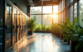 Ein hell beleuchtetes, modernes Rechenzentrum mit großen Glasfenstern, durch die warme Sonnenstrahlen auf energieeffiziente Server und grüne Pflanzen im Innenraum fallen, vermittelt eine freundliche Atmosphäre nachhaltiger Digitalisierung und technischer Innovation.