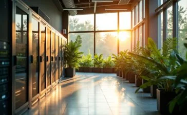 Ein hell beleuchtetes, modernes Rechenzentrum mit großen Glasfenstern, durch die warme Sonnenstrahlen auf energieeffiziente Server und grüne Pflanzen im Innenraum fallen, vermittelt eine freundliche Atmosphäre nachhaltiger Digitalisierung und technischer Innovation.