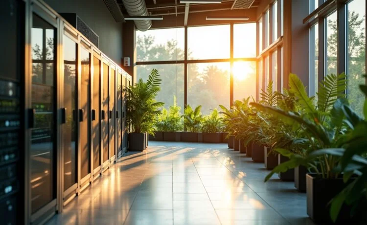 Ein hell beleuchtetes, modernes Rechenzentrum mit großen Glasfenstern, durch die warme Sonnenstrahlen auf energieeffiziente Server und grüne Pflanzen im Innenraum fallen, vermittelt eine freundliche Atmosphäre nachhaltiger Digitalisierung und technischer Innovation.