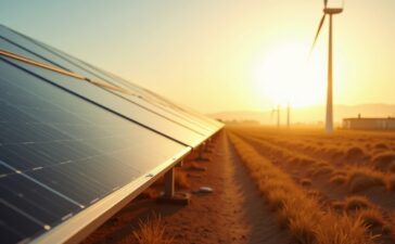 Eine strahlend helle Aufnahme einer namibischen Solar- und Windenergieanlage am frühen Morgenlicht, in warmer Farbgebung, die Hoffnung und Aufbruch in eine nachhaltige Zukunft mit grünem Wasserstoff ausstrahlt und die weite, sonnendurchflutete Landschaft Afrikas mit realistischen Details einfängt.