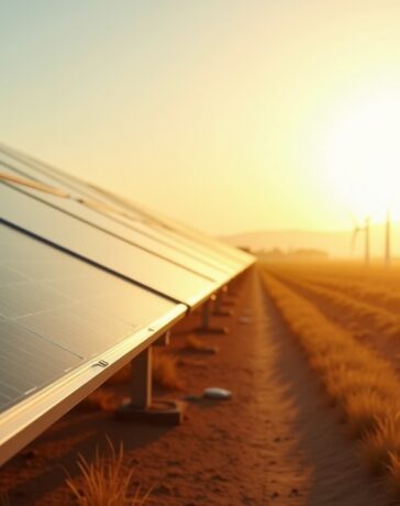 Eine strahlend helle Aufnahme einer namibischen Solar- und Windenergieanlage am frühen Morgenlicht, in warmer Farbgebung, die Hoffnung und Aufbruch in eine nachhaltige Zukunft mit grünem Wasserstoff ausstrahlt und die weite, sonnendurchflutete Landschaft Afrikas mit realistischen Details einfängt.