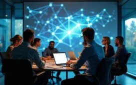 In einem hell erleuchteten, modernen Büro zeigt eine dynamische Geschäftsstrategie-Session Kollegen unterschiedlichen Alters und Hintergrunds, die konzentriert an einem großen, digital projizierten Netzwerk aus Linien und Knotenpunkten arbeiten – ein lebendiges Bild von kollaborativem Zukunftsdenken und innovativem Navigieren durch komplexe Megatrends.