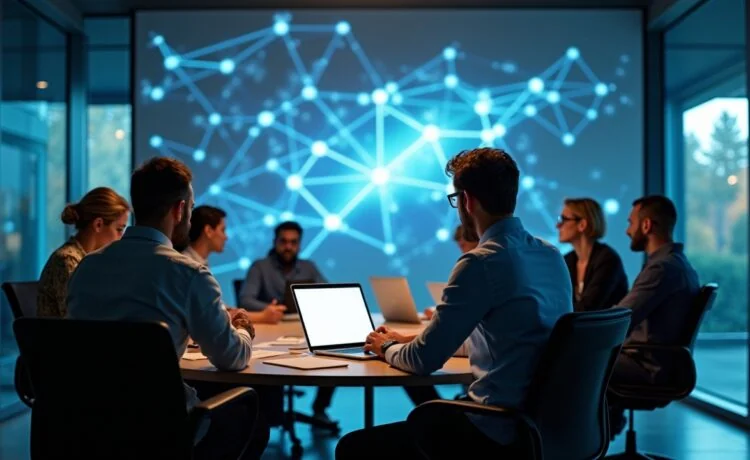In einem hell erleuchteten, modernen Büro zeigt eine dynamische Geschäftsstrategie-Session Kollegen unterschiedlichen Alters und Hintergrunds, die konzentriert an einem großen, digital projizierten Netzwerk aus Linien und Knotenpunkten arbeiten – ein lebendiges Bild von kollaborativem Zukunftsdenken und innovativem Navigieren durch komplexe Megatrends.