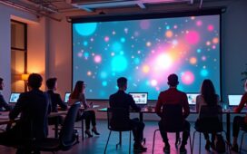 Eine lichtdurchflutete, moderne Arbeitsumgebung mit entspannten Menschen vor großen Bildschirmen, die angespannt und gleichzeitig begeistert die Welt der Streaming-Unterhaltung gestalten – ein harmonisches Zusammenspiel aus Technologie, Kreativität und zukunftsweisender Medieninnovation.